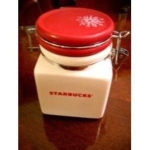 Starbucks Coffee Canister 2008 Snowflake White Red Snap Lid 13.5 oz Ceramic